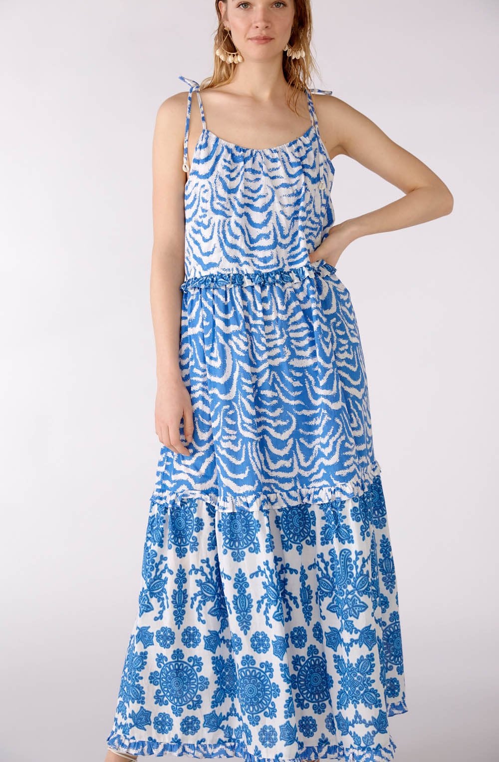 Blue and White Bold Print Tiered Maxi Dress