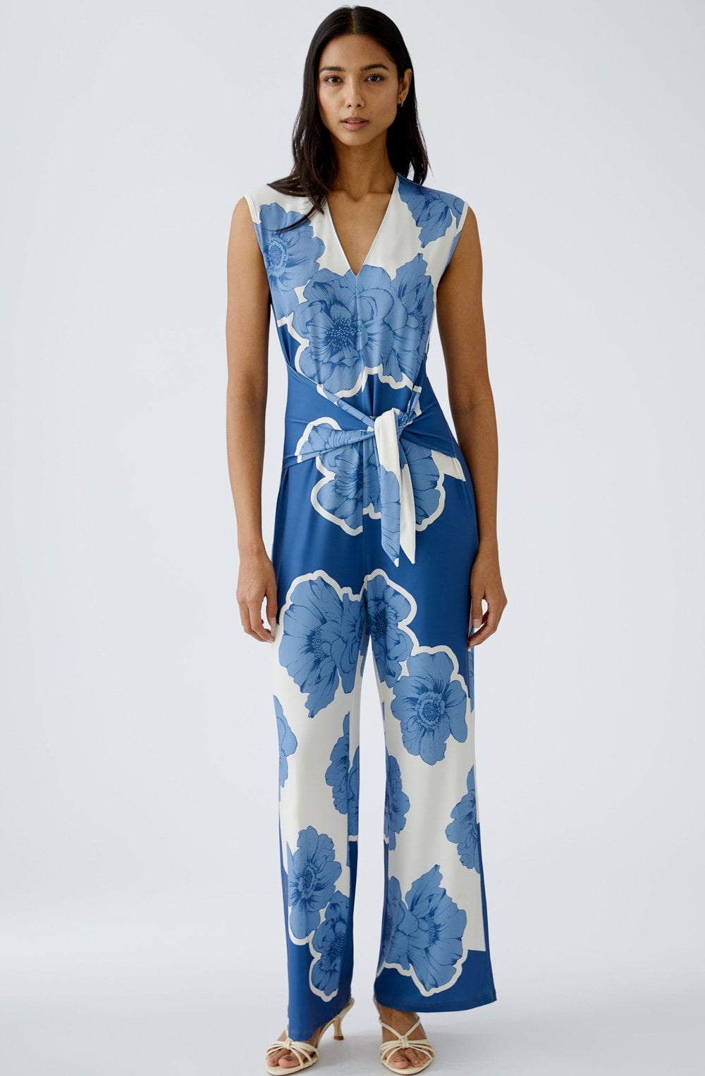 Blue and White Floral Jersey Jumpsuit