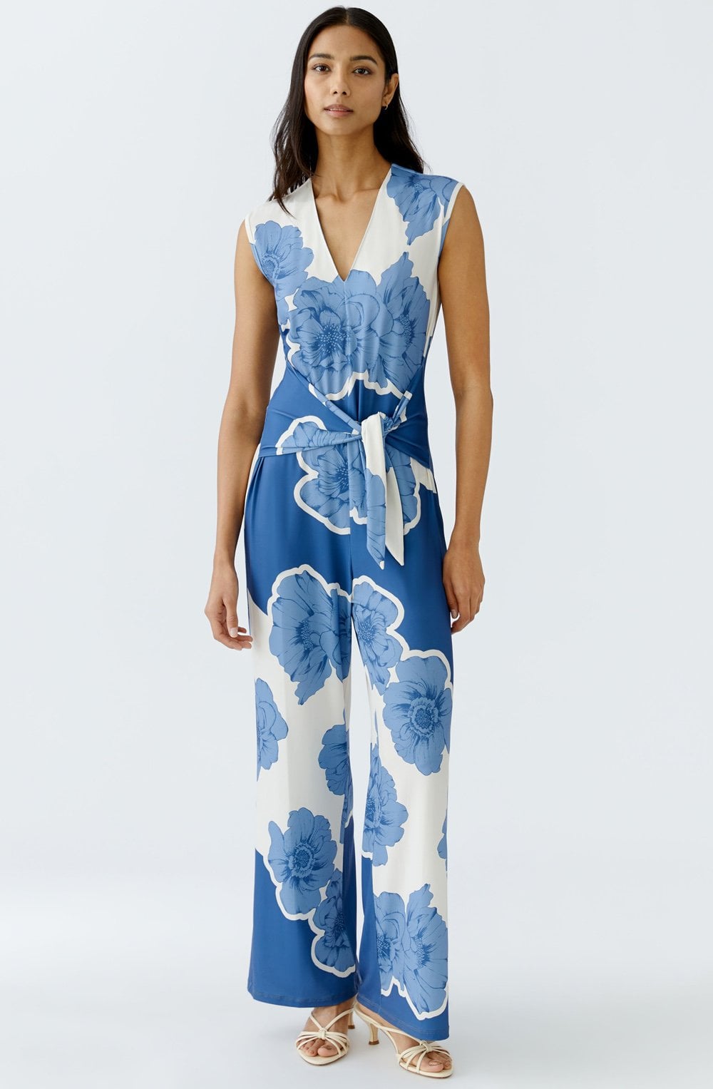 Blue and White Floral Jersey Jumpsuit