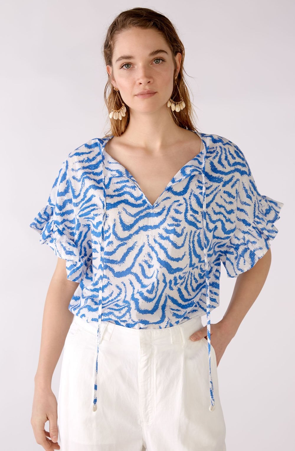 Blue and White Ruffle Sleeved Blouse