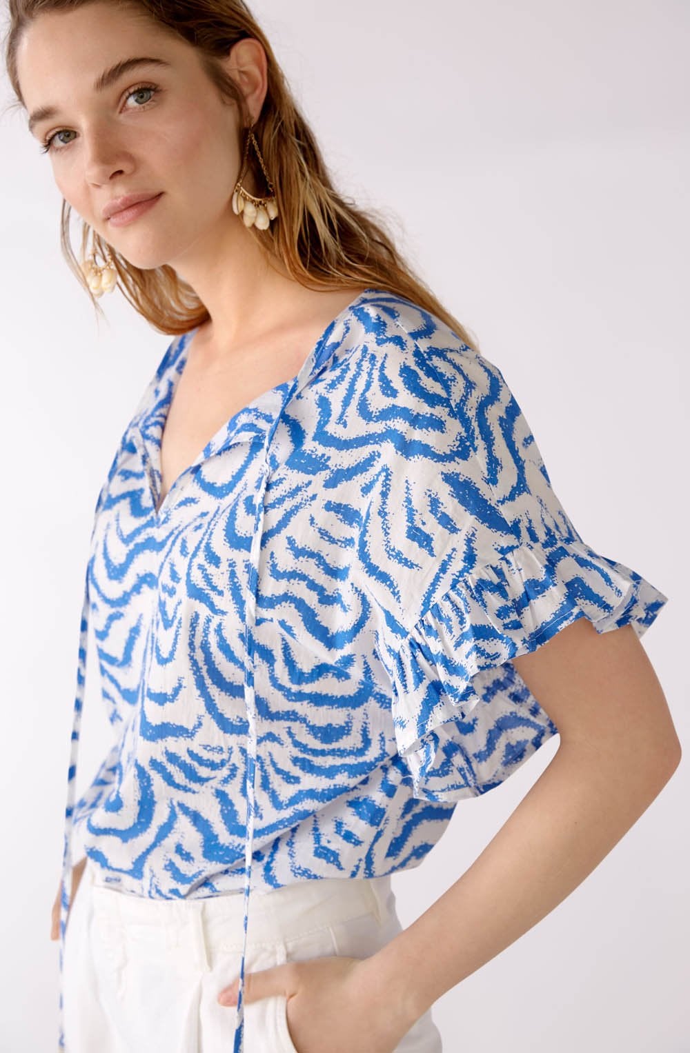 Blue and White Ruffle Sleeved Blouse