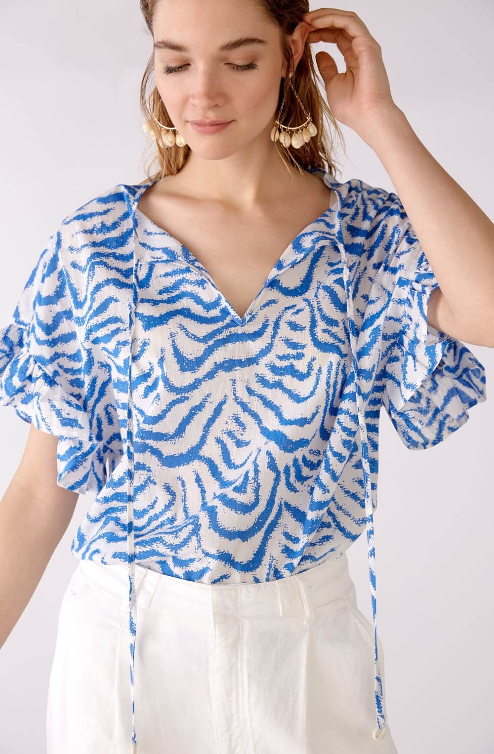Blue and White Ruffle Sleeved Blouse