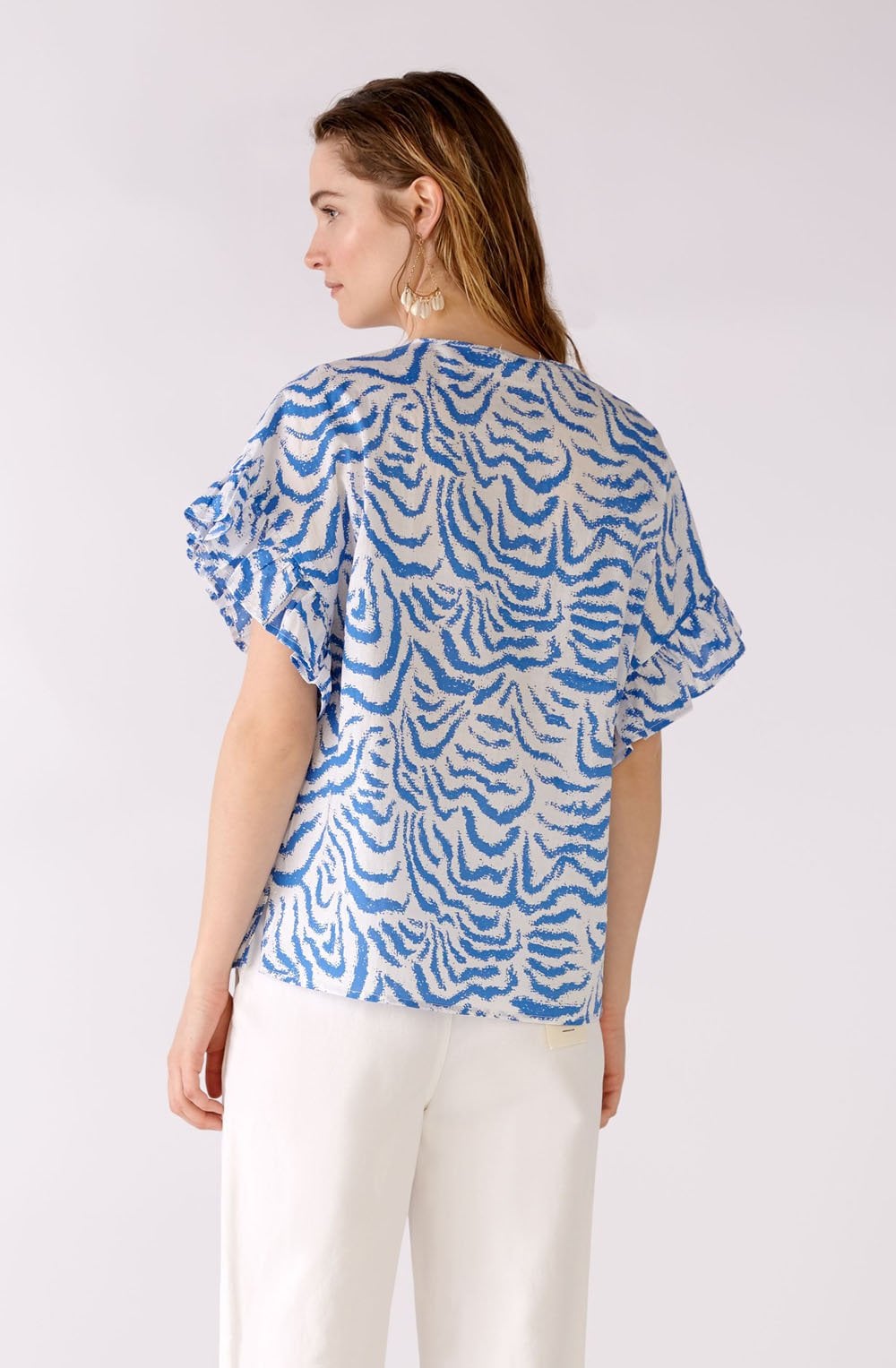 Blue and White Ruffle Sleeved Blouse