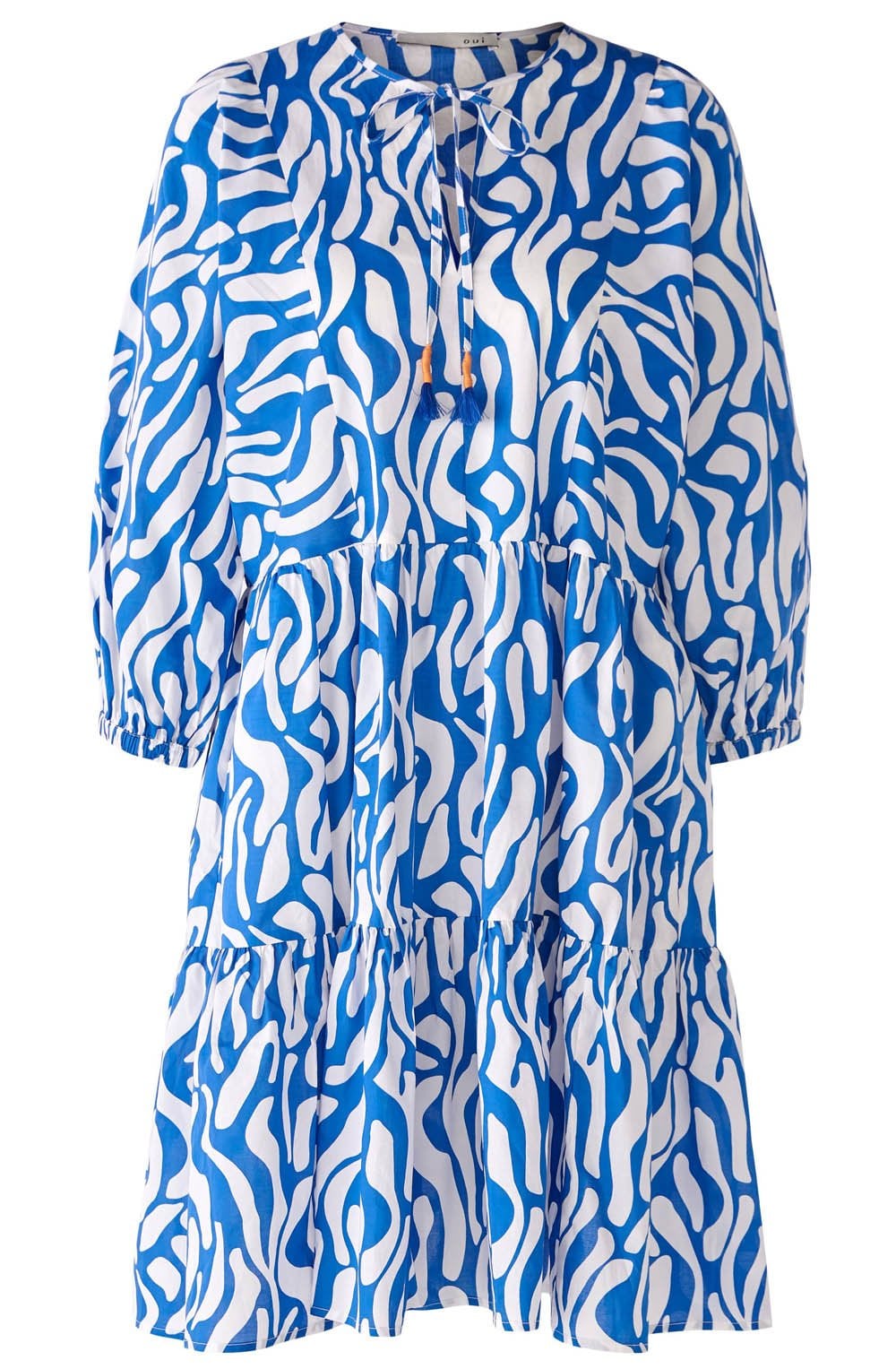 Blue and White Tiered Knee Length Dress