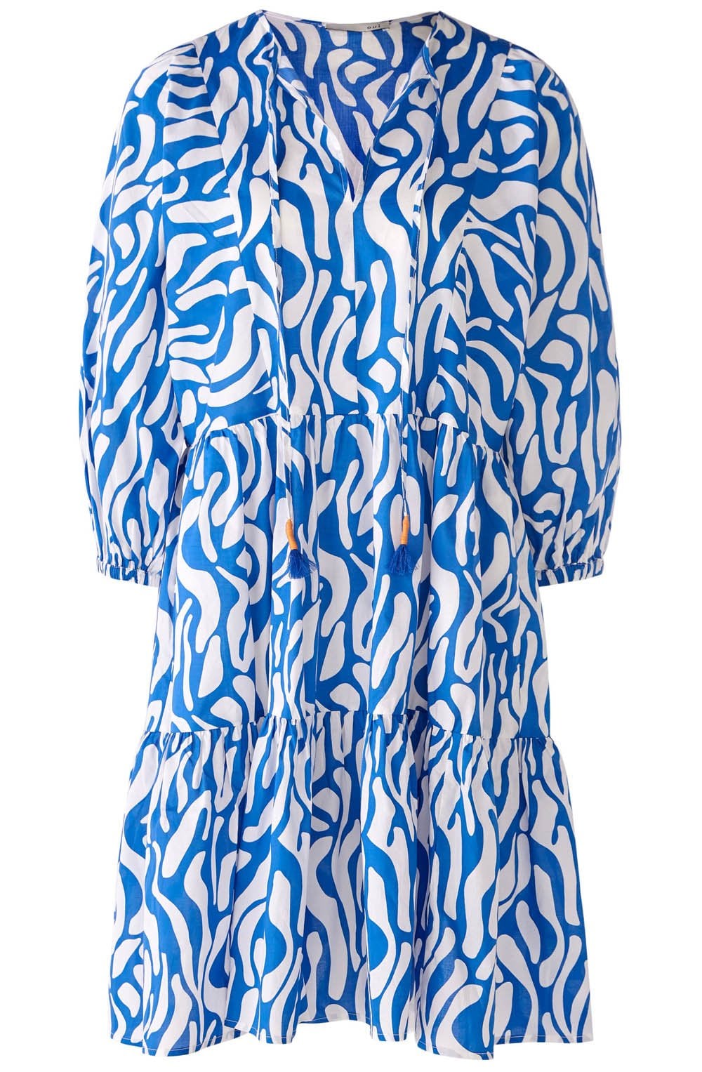 Blue and White Tiered Knee Length Dress
