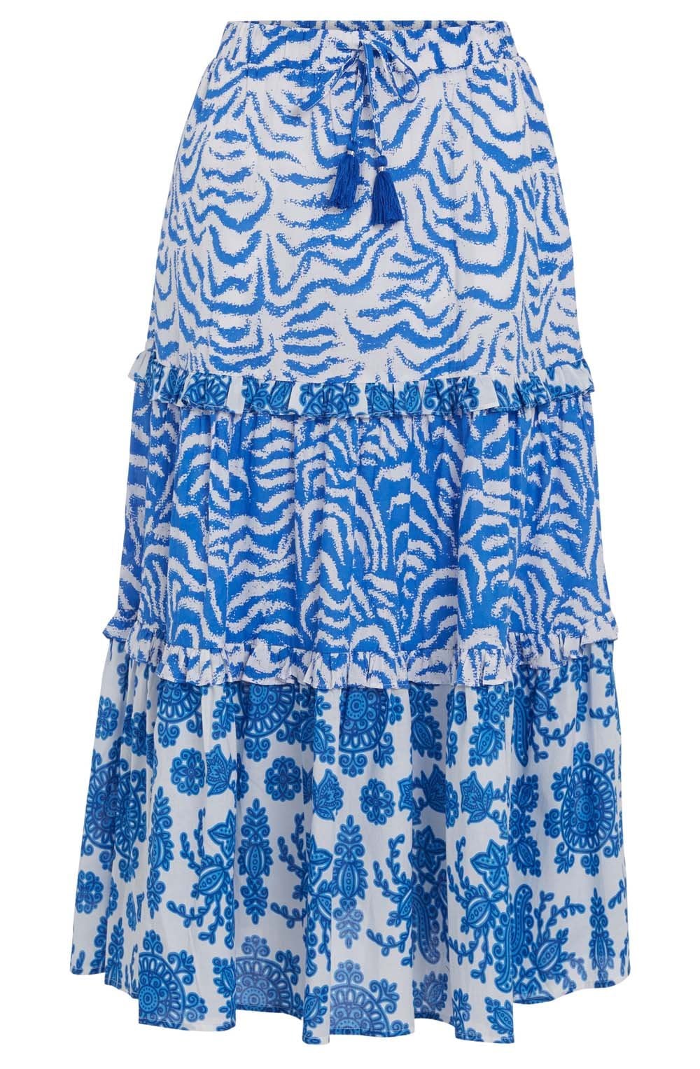 Blue and White Tiered Maxi Skirt