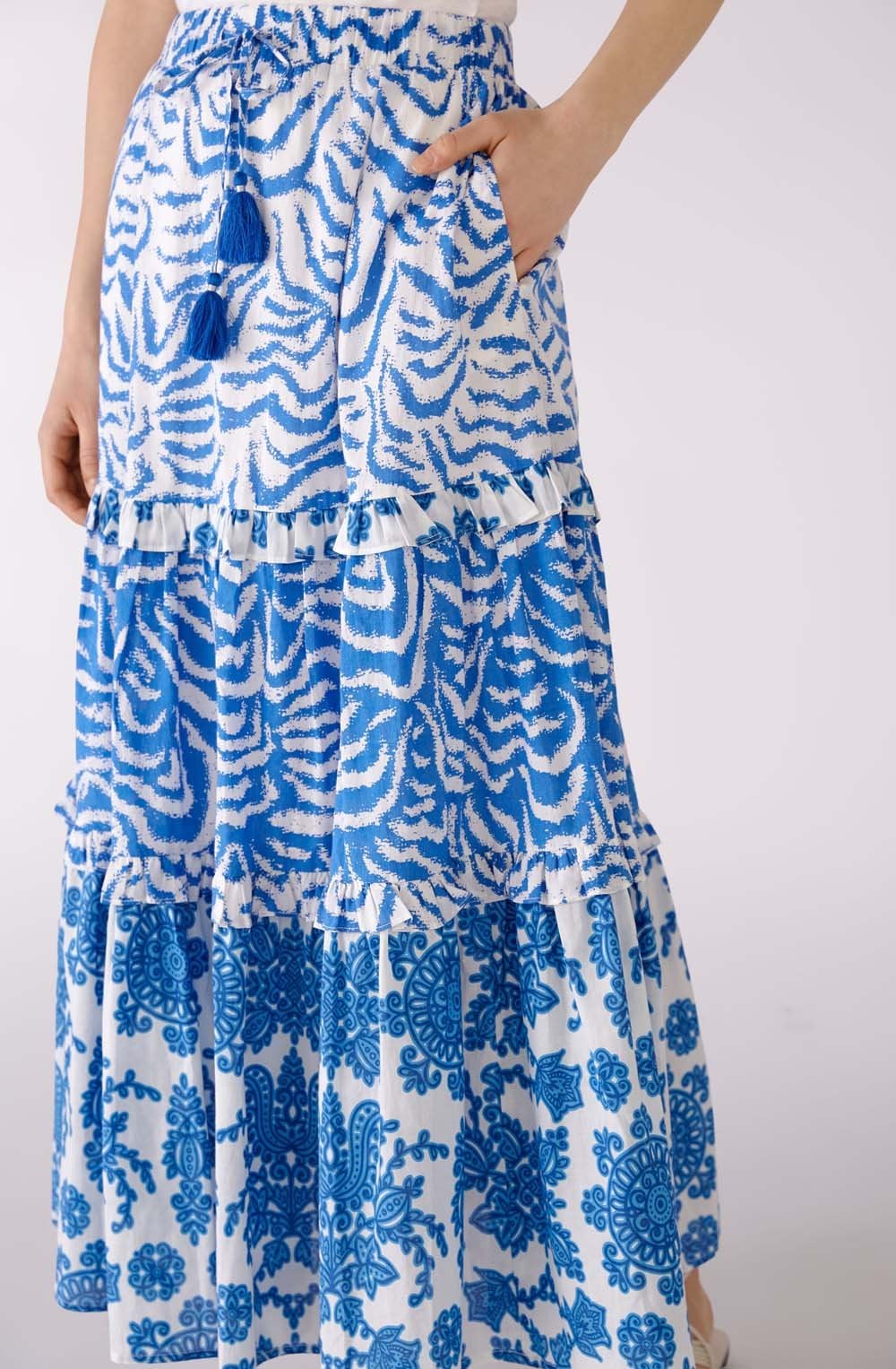 Blue and White Tiered Maxi Skirt
