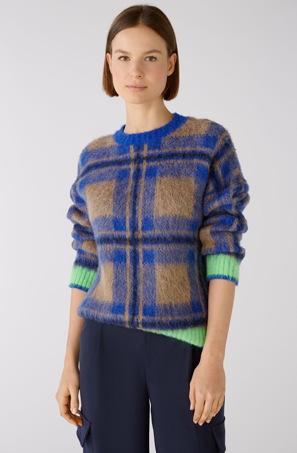 Blue Brushed Check Jumper with Green Details