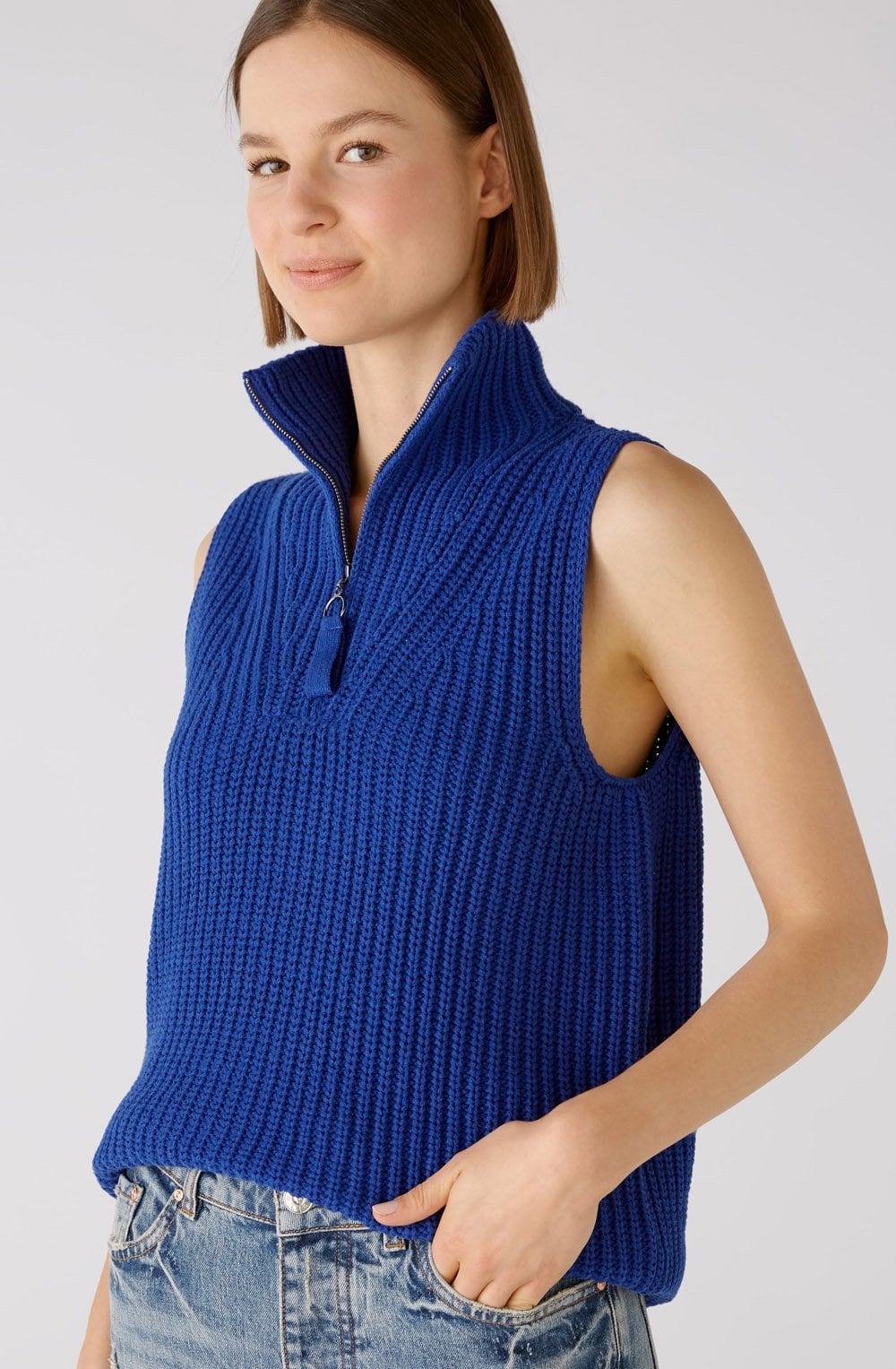Blue Chunky Knit Half Zip Slip Over