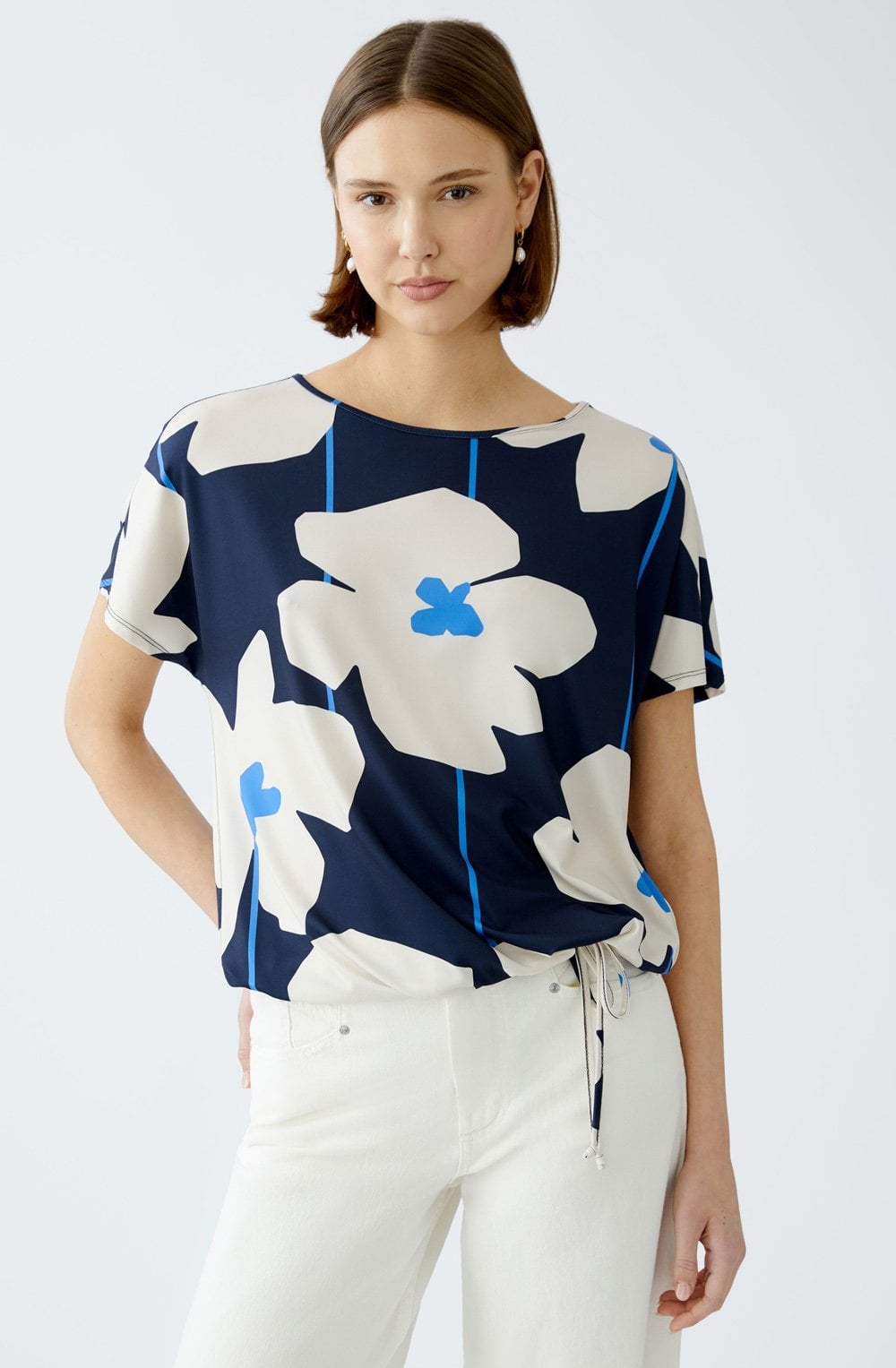 Blue Floral Drawstring Blouse