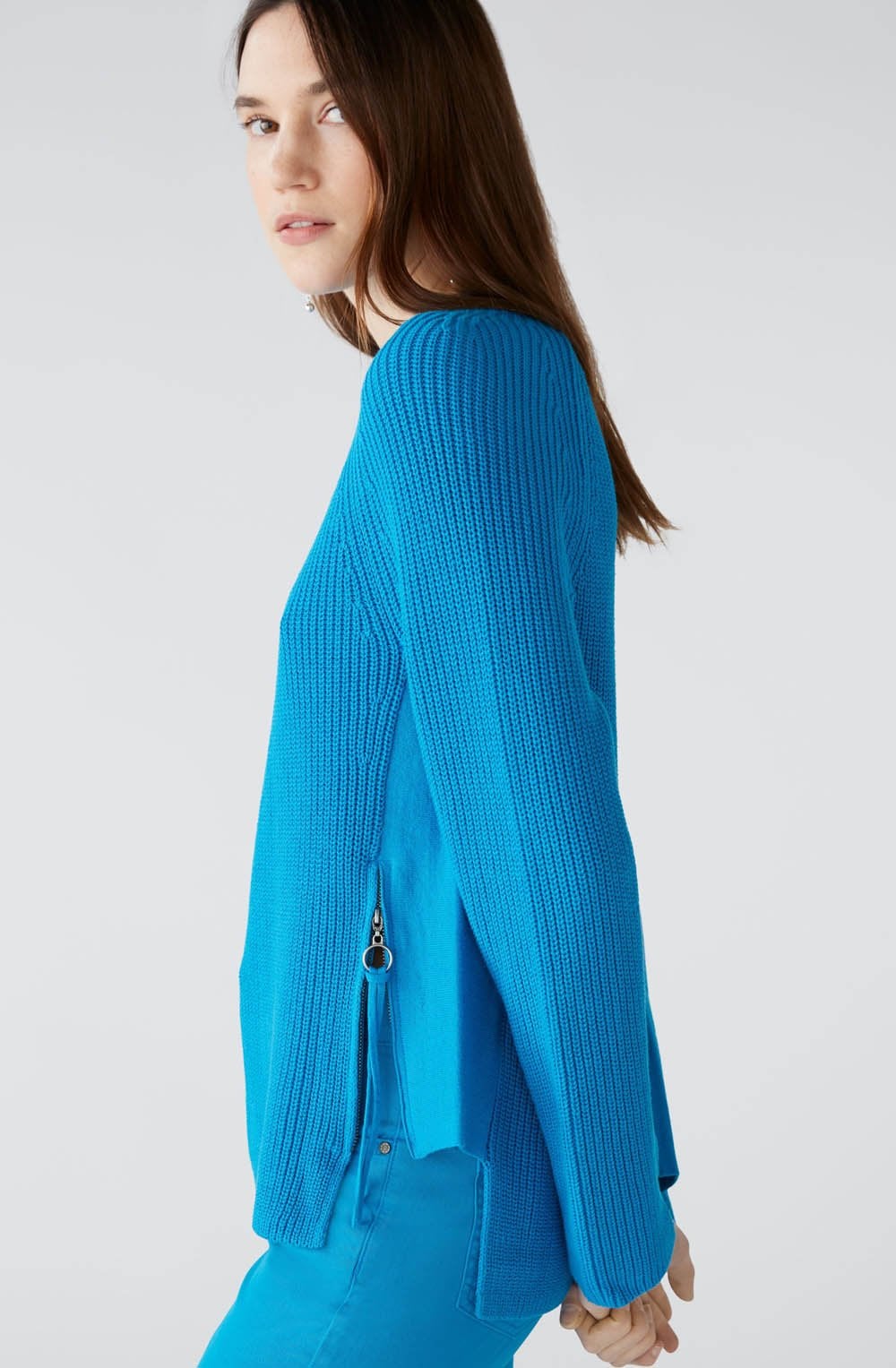 Blue Jewel Ribbed Knit Jumper With Zip Detail