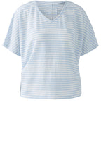 Blue Striped Linen V Neck T Shirt