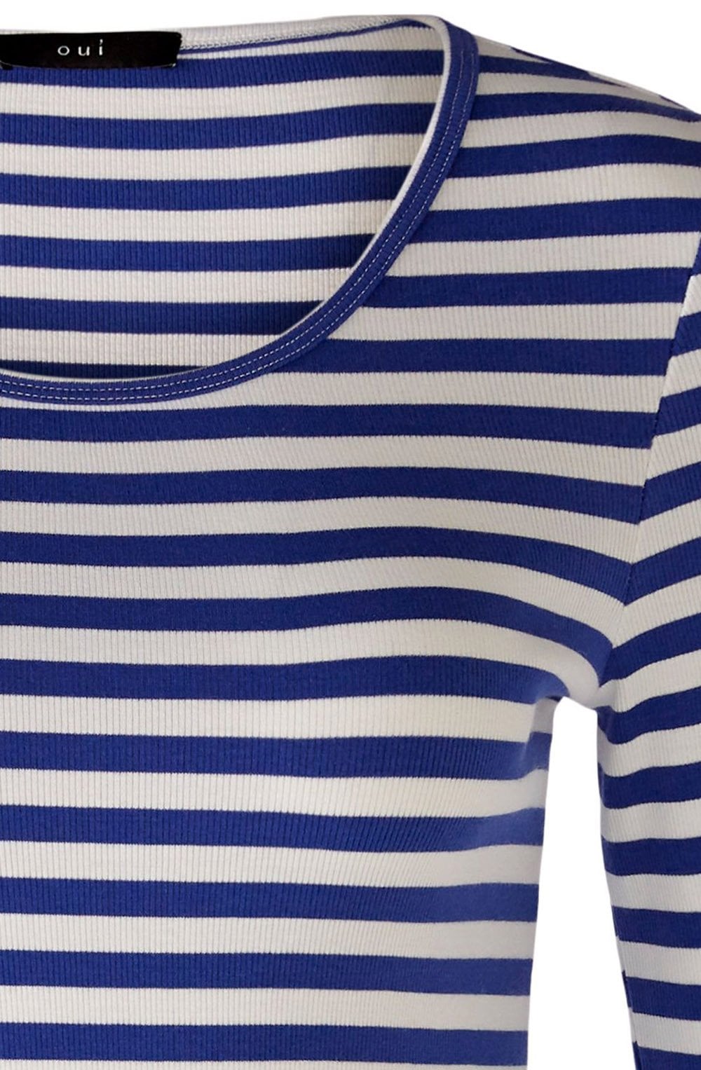 Blue Striped Top with Contrast Curled Hem