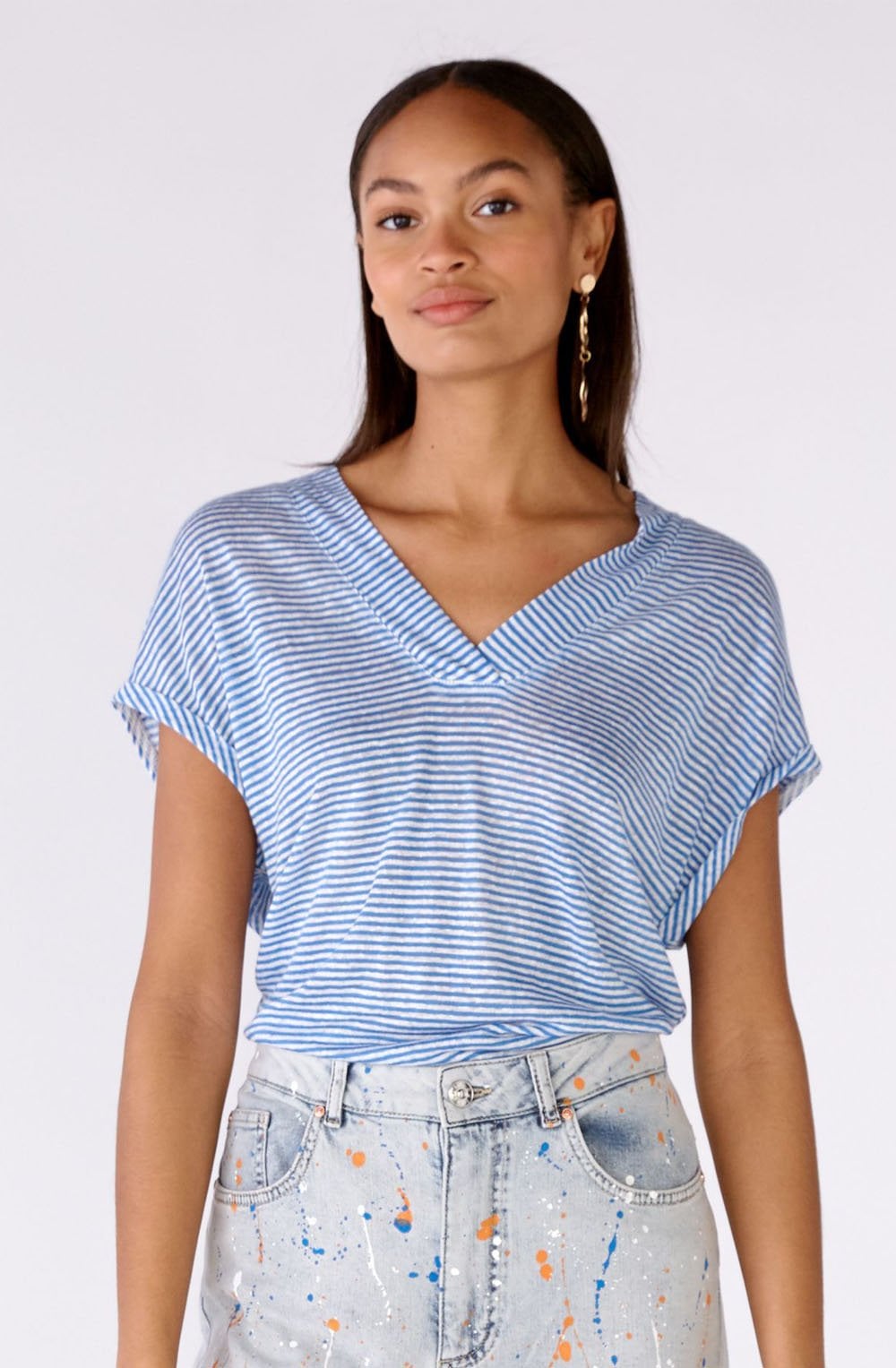 Blue White Linen T Shirt
