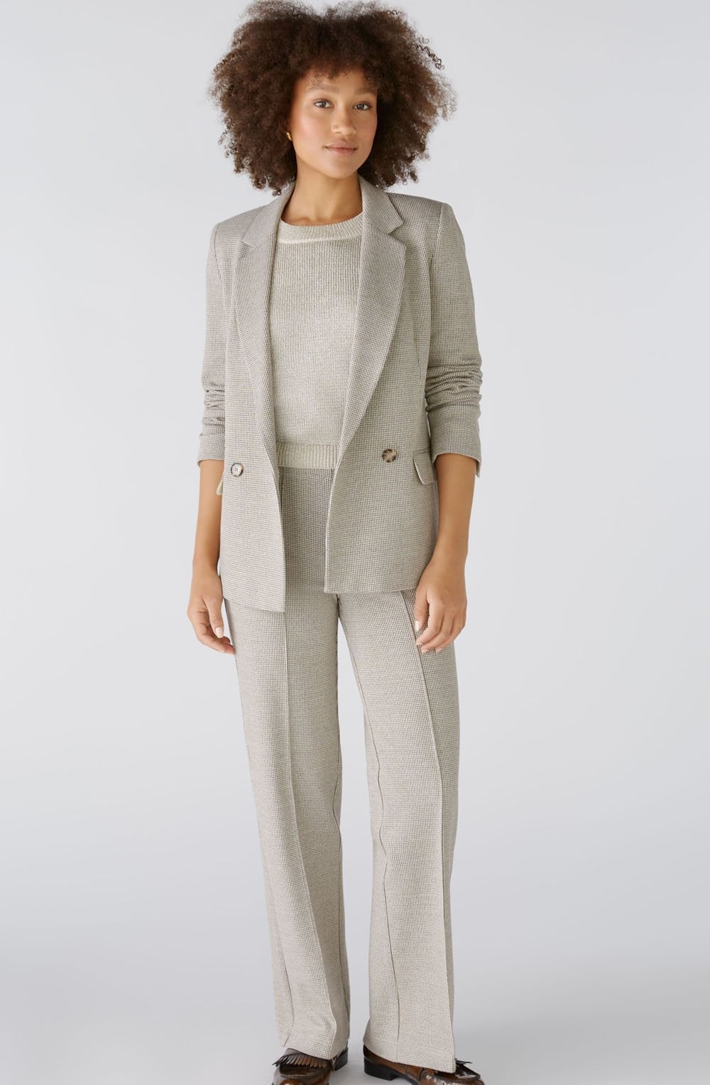 Brown Off White Houndstooth Slip On Trousers