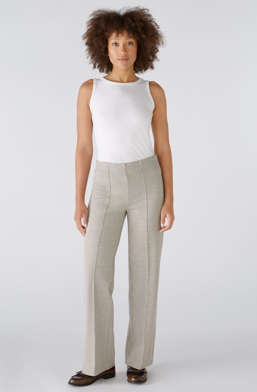 Brown Off White Houndstooth Slip On Trousers