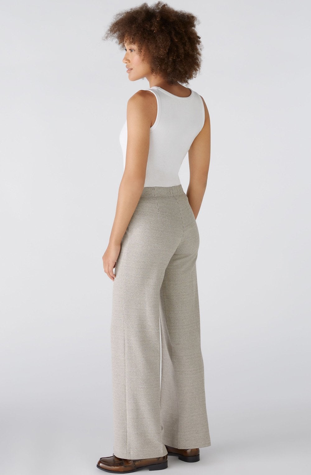Brown Off White Houndstooth Slip On Trousers
