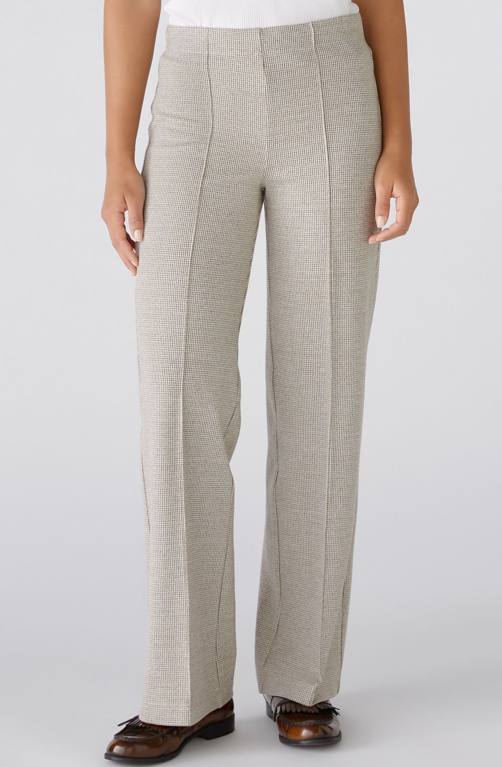 Brown Off White Houndstooth Slip On Trousers