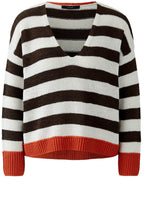 Brown Stripe Orange Contrast Hem Oversized Pullover