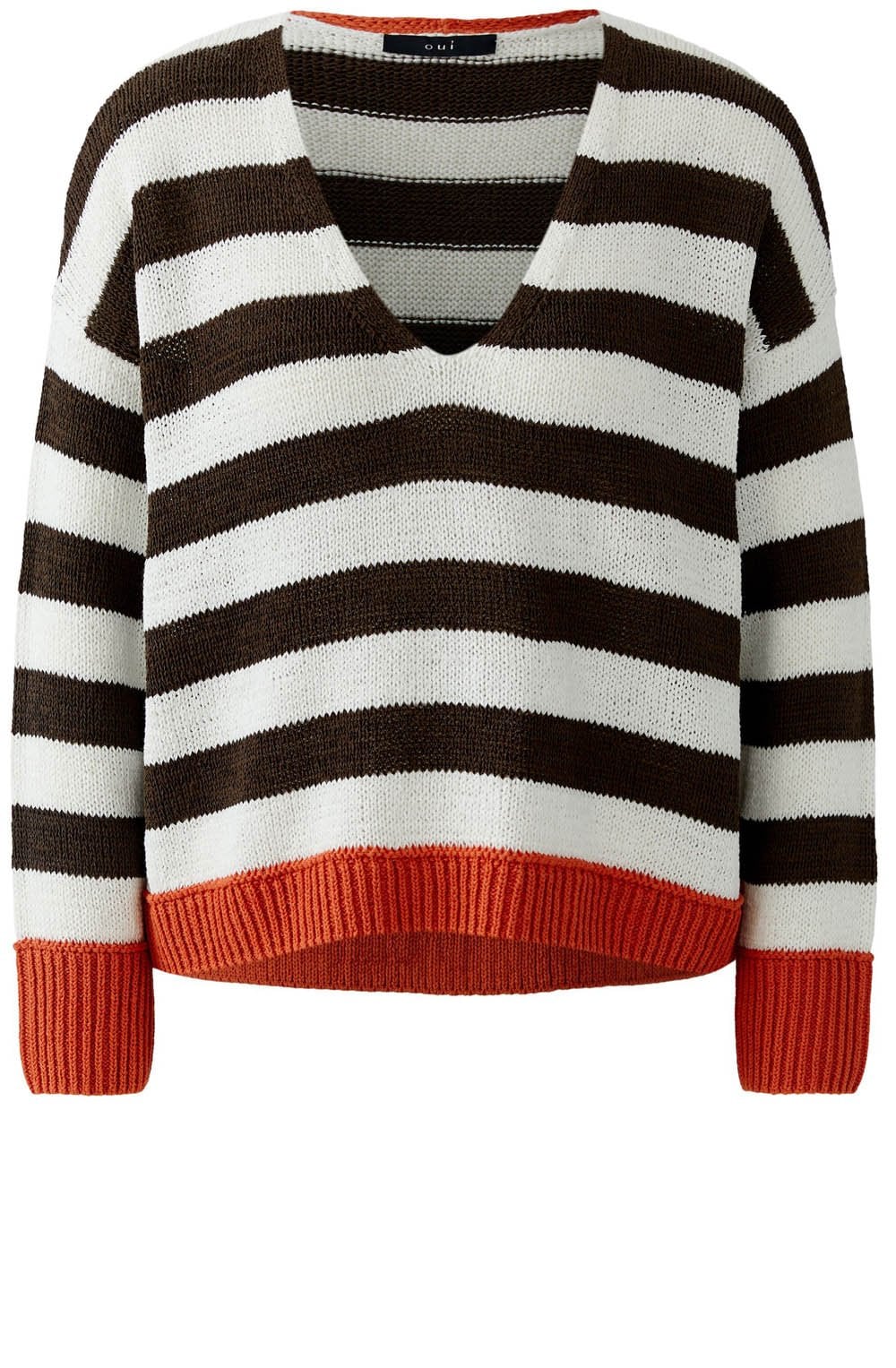 Brown Stripe Orange Contrast Hem Oversized Pullover