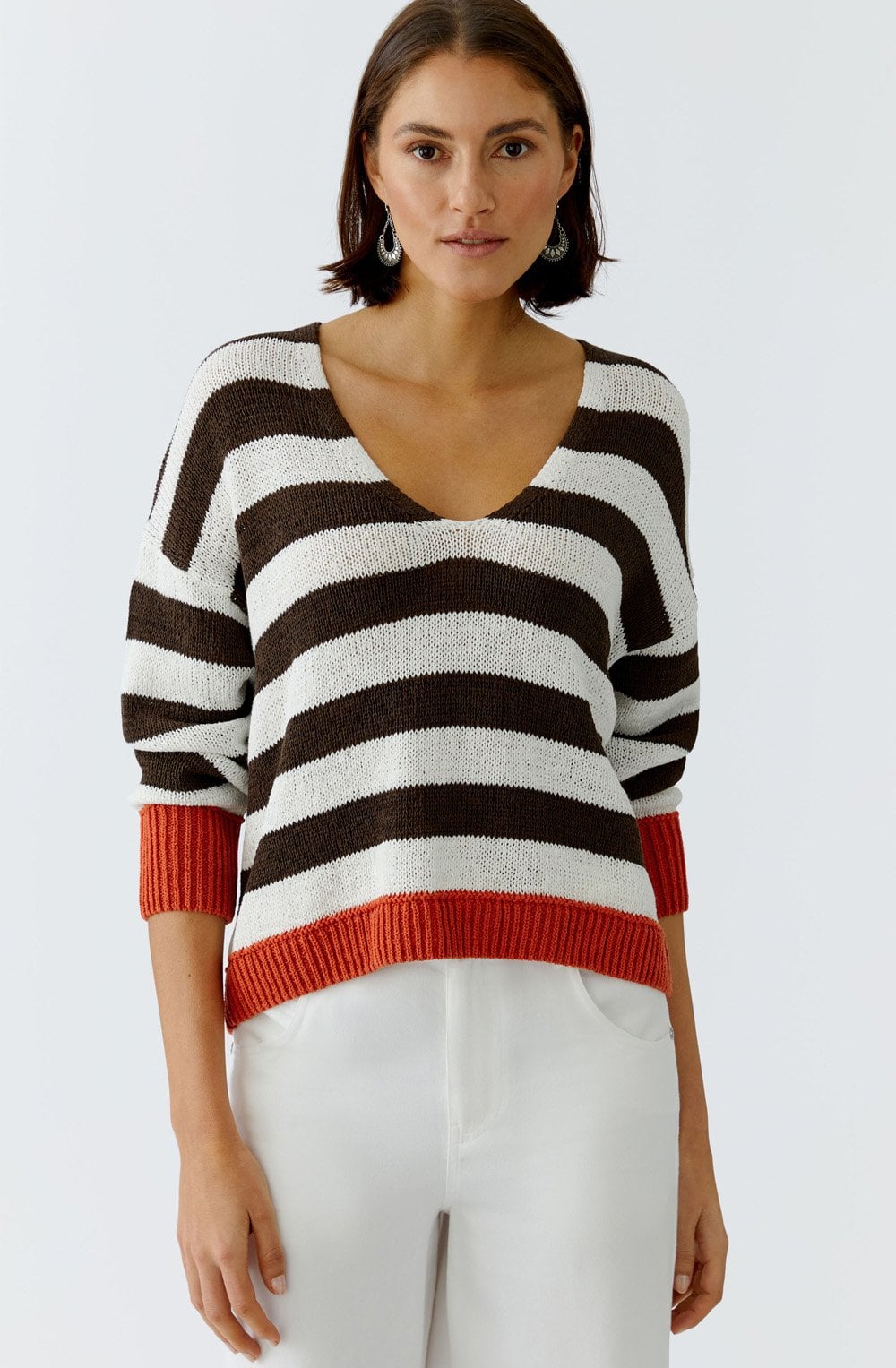 Brown Stripe Orange Contrast Hem Oversized Pullover