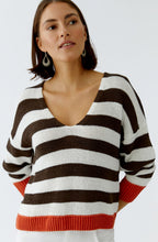 Brown Stripe Orange Contrast Hem Oversized Pullover