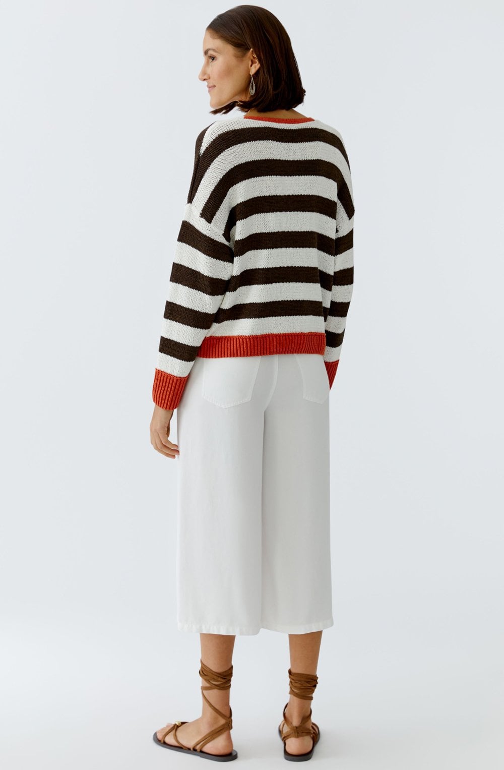 Brown Stripe Orange Contrast Hem Oversized Pullover