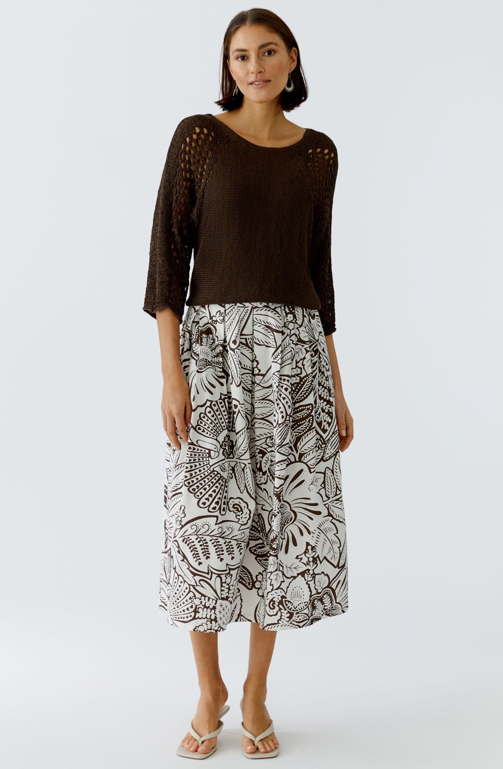 Brown & White Floral Print Skirt