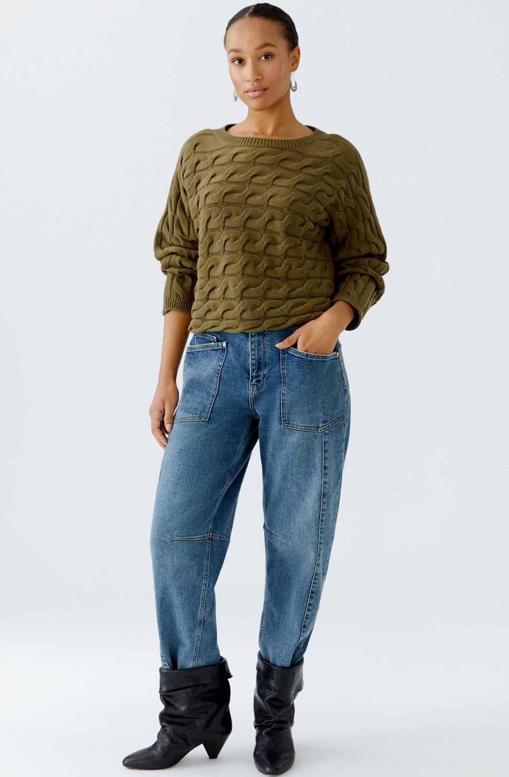 Burnt Olive Cable Knit Boxy Jumper