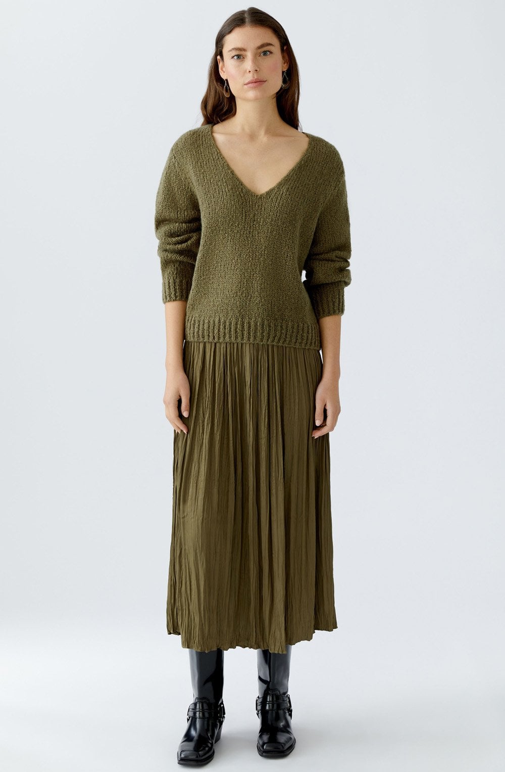 Burnt Olive Crinkled Satin Touch Maxi Skirt