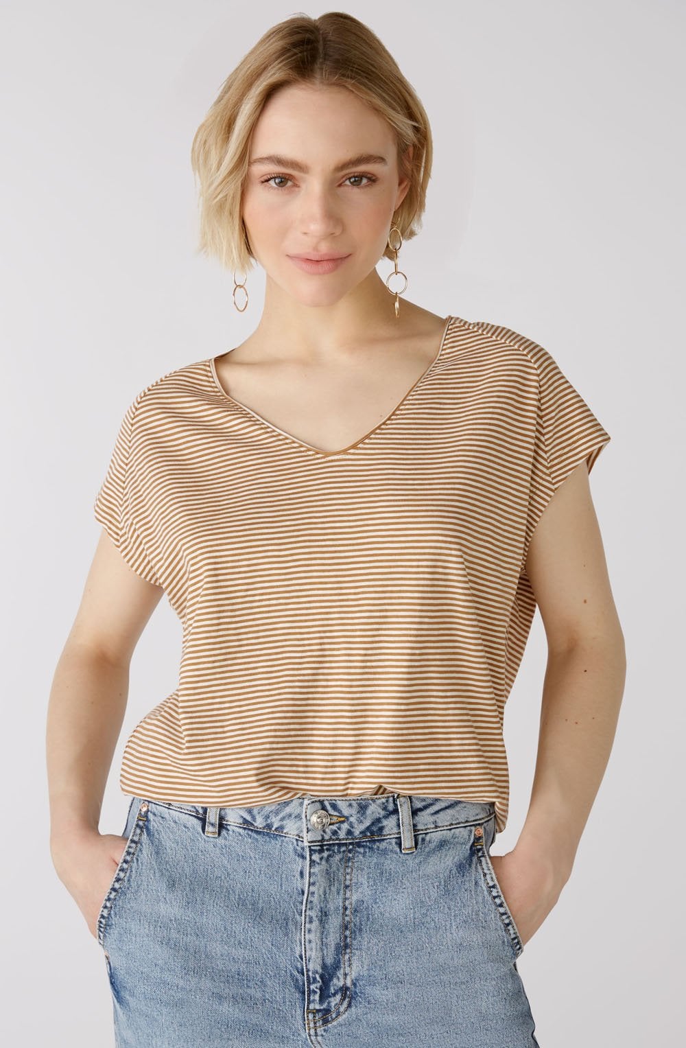 Camel and Stone White Striped T Shirt