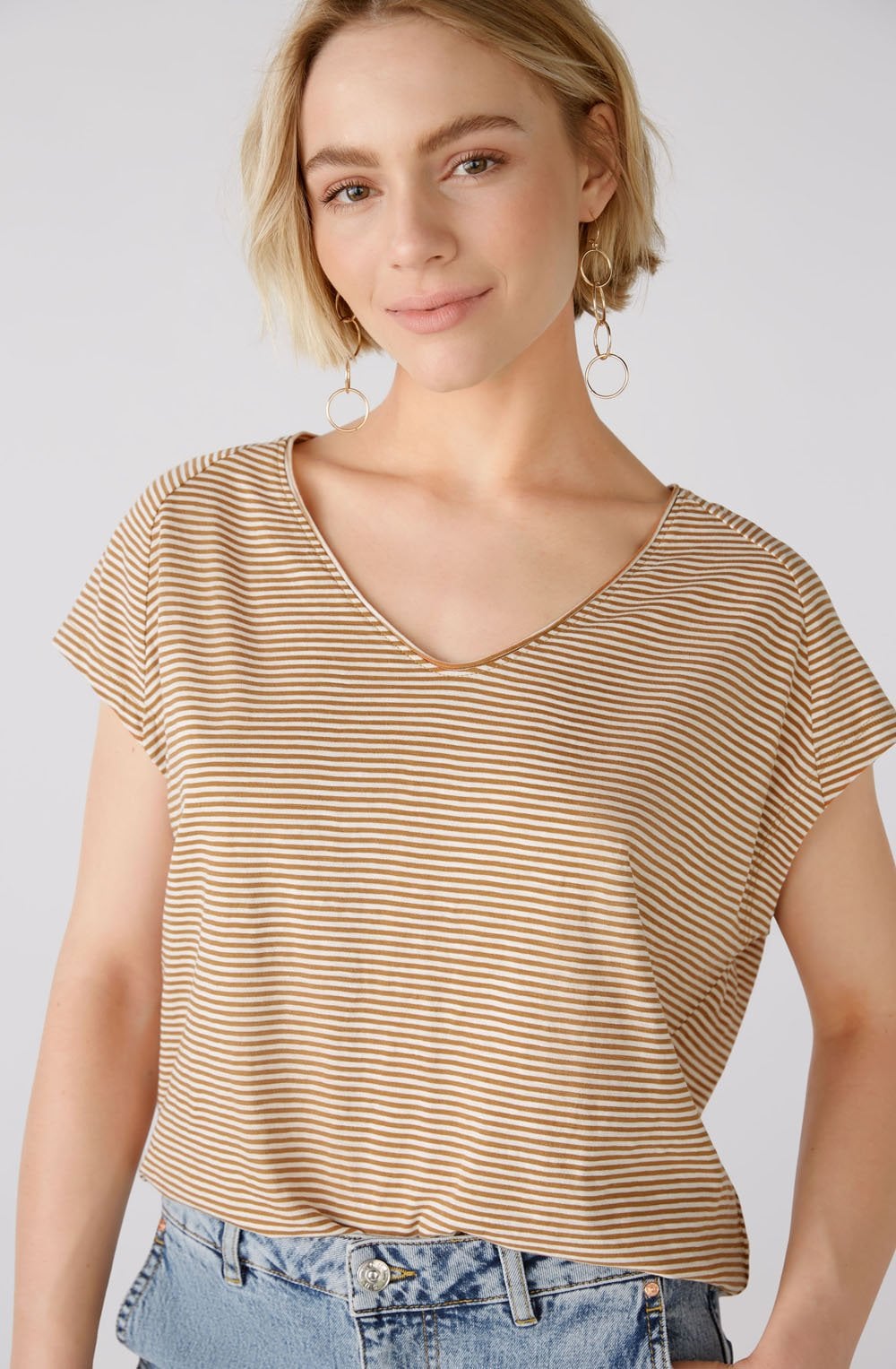 Camel and Stone White Striped T Shirt