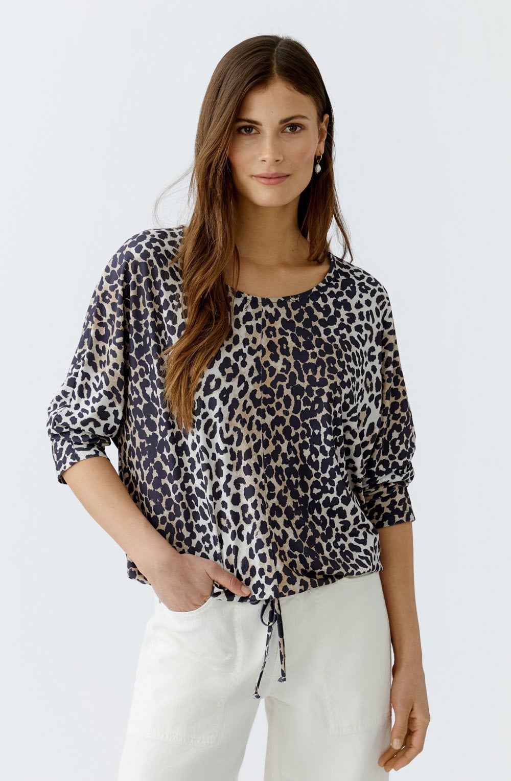 Camel Black Animal Print Drawstring Blouse