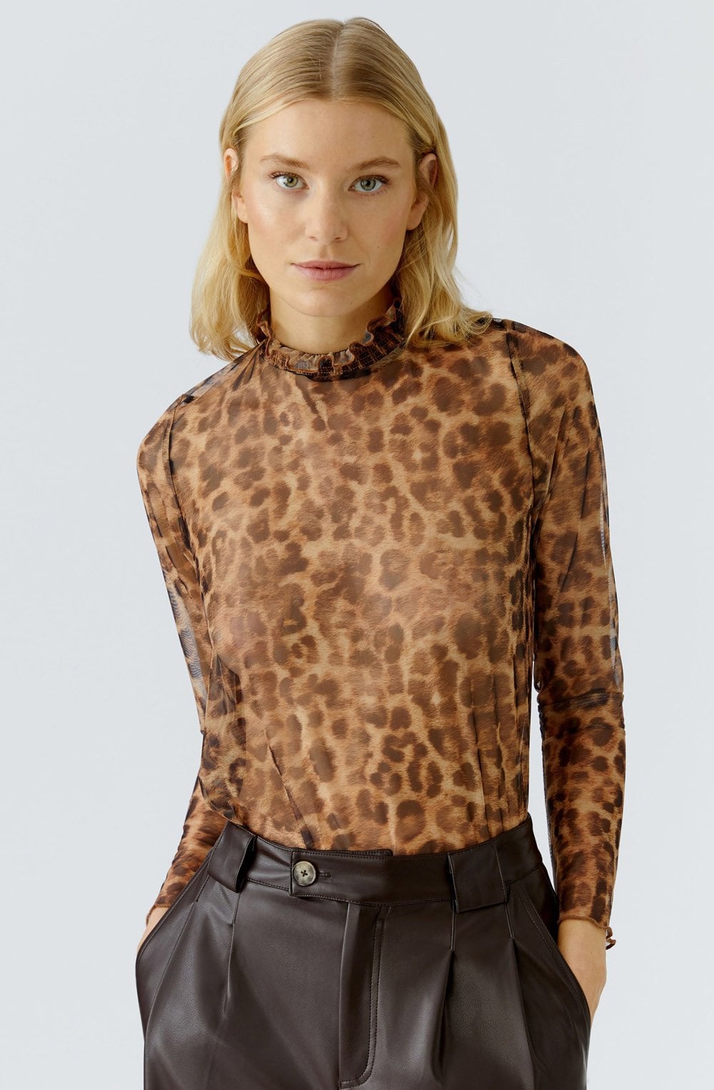 Camel Grey Leopard Print Sheer Blouse