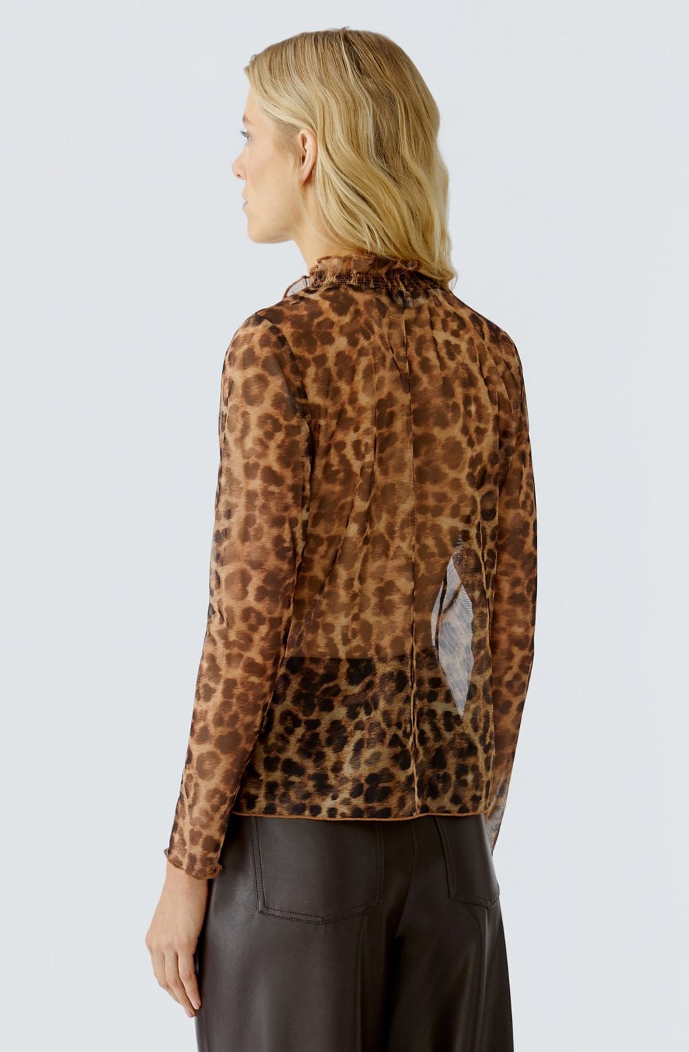 Camel Grey Leopard Print Sheer Blouse