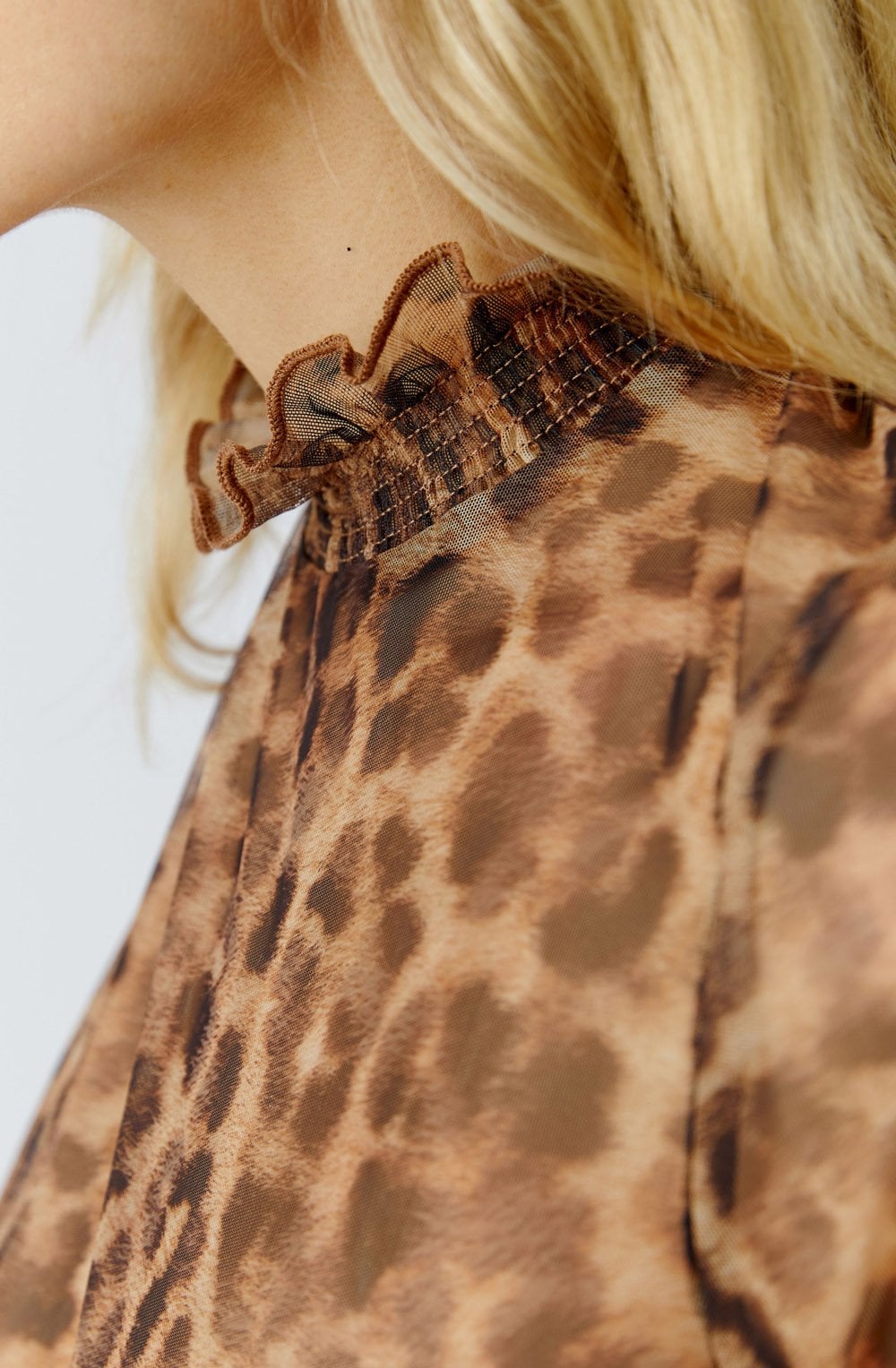Camel Grey Leopard Print Sheer Blouse