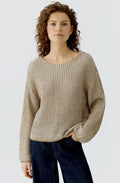 Camel Shimmer and White Ribbed Knit Jumper