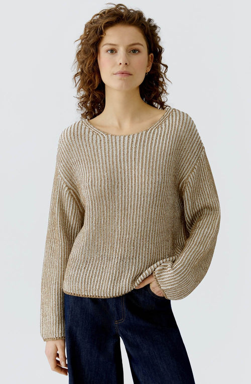 Camel Shimmer and White Ribbed Knit Jumper