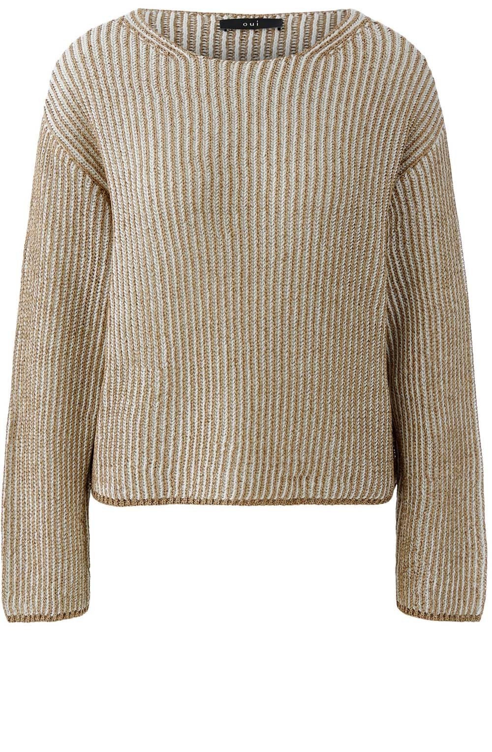 Camel Shimmer and White Ribbed Knit Jumper