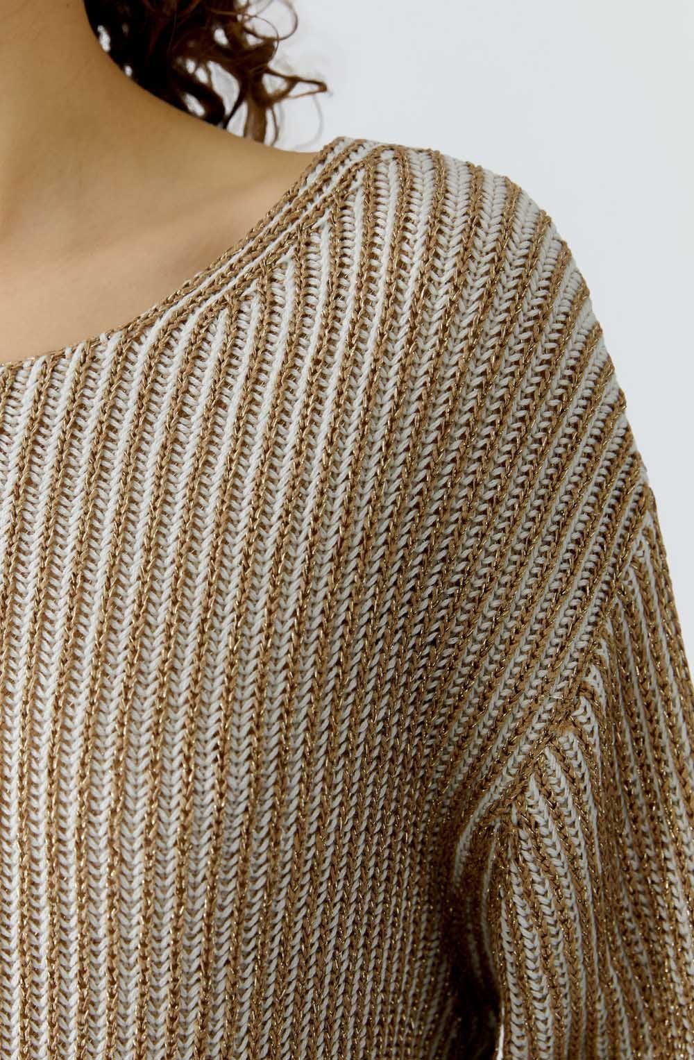 Camel Shimmer and White Ribbed Knit Jumper