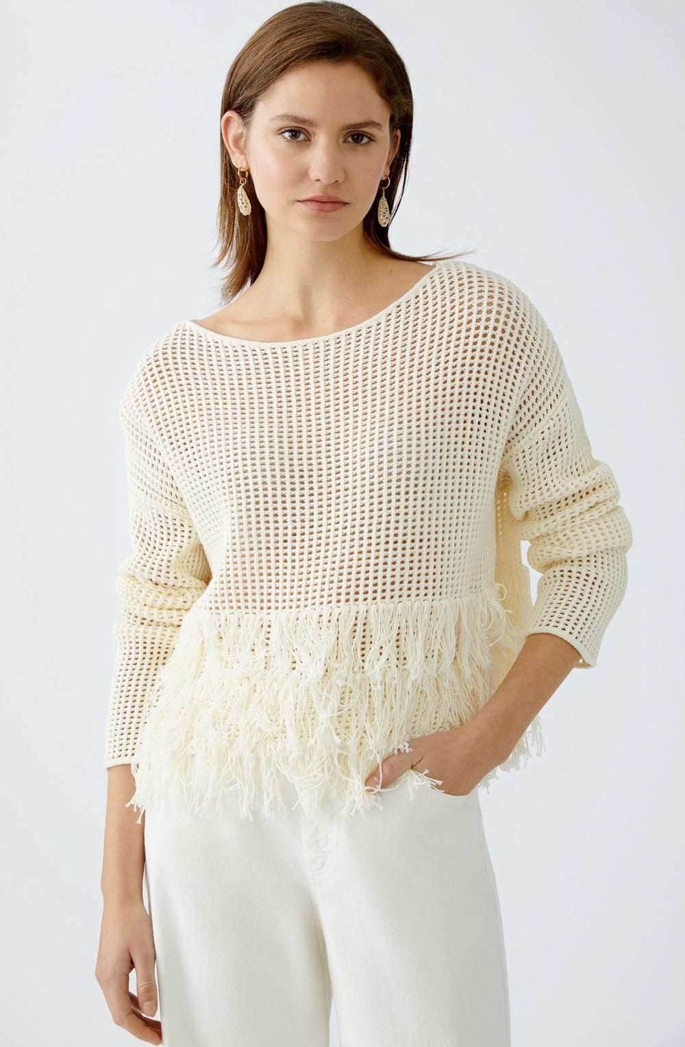 Cloud Dancer Fringed Open Weave Pullover