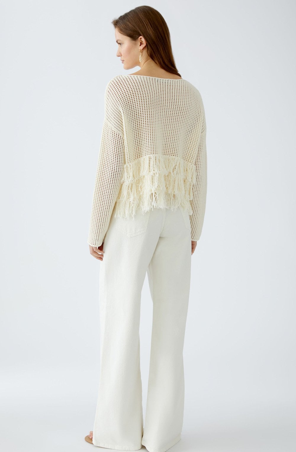 Cloud Dancer Fringed Open Weave Pullover