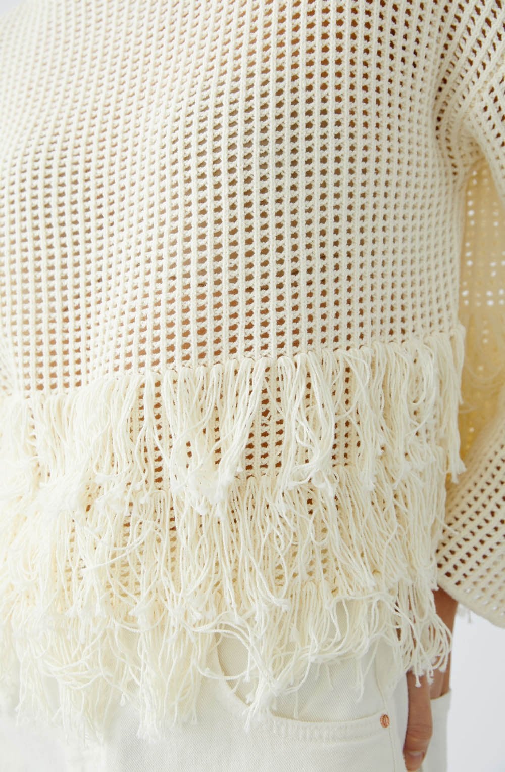 Cloud Dancer Fringed Open Weave Pullover