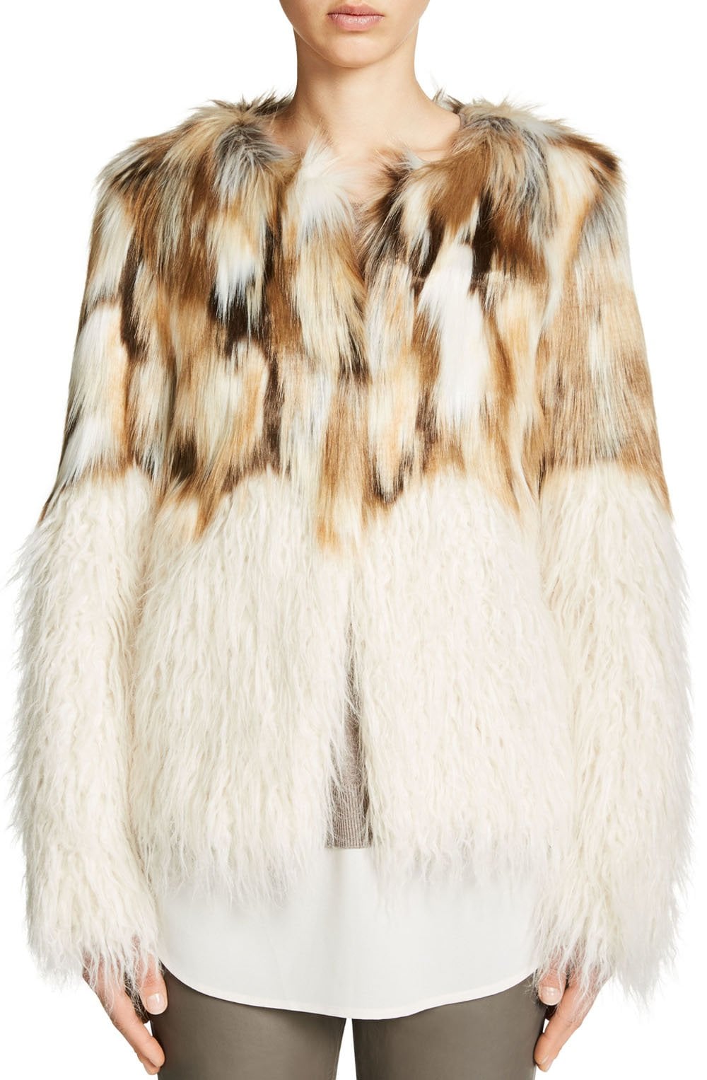 Cream & Tan Faux Fur Coat