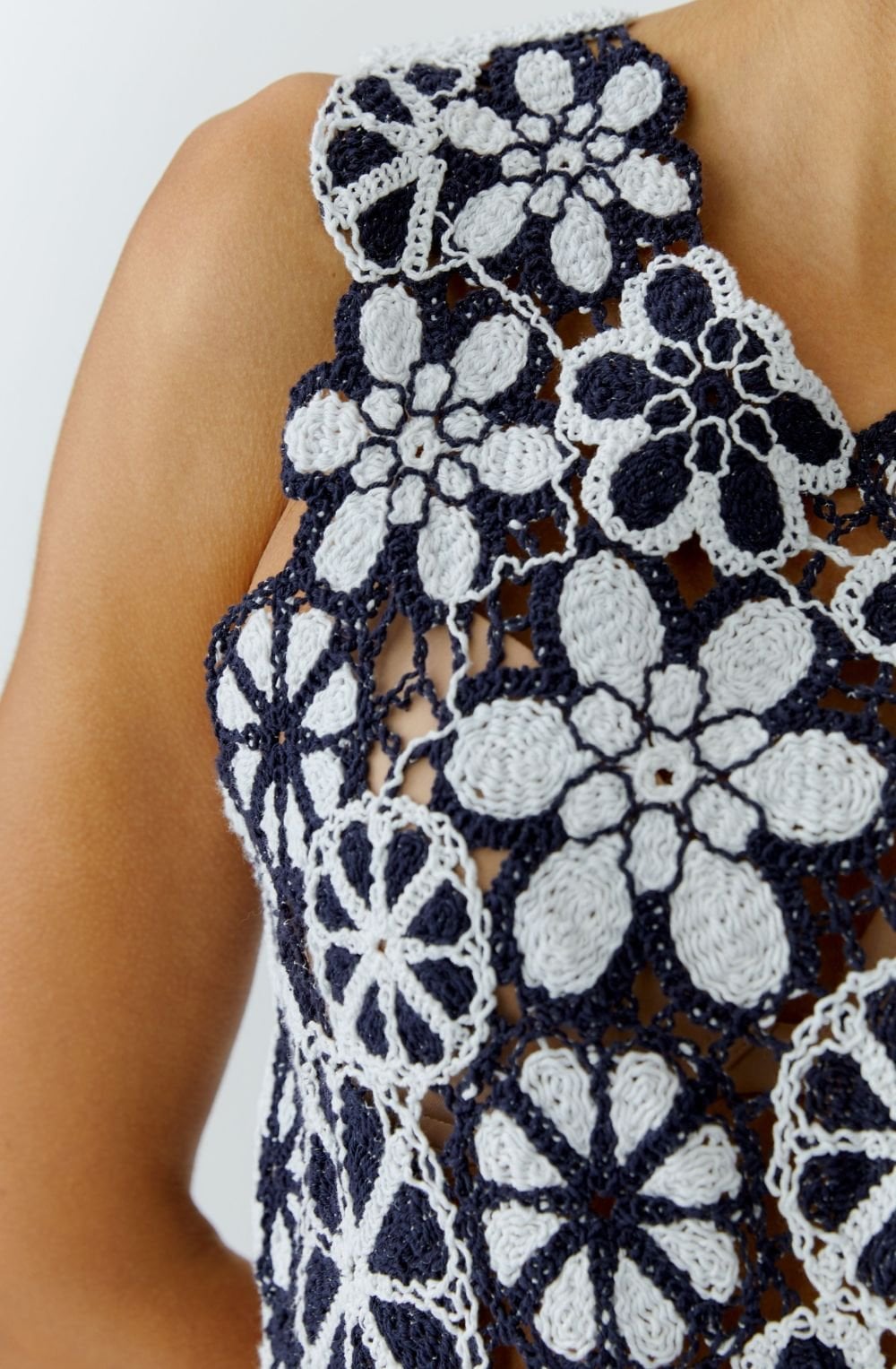Dark Blue and White Floral Crochet Top
