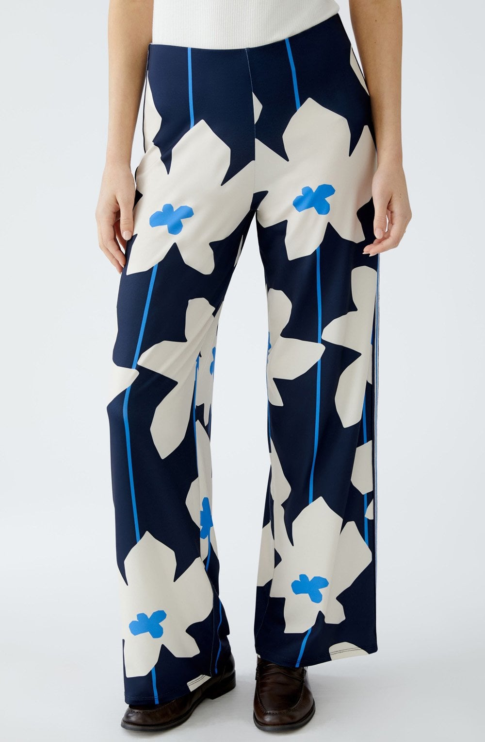 Dark Blue Floral Wide Leg Jersey Trousers