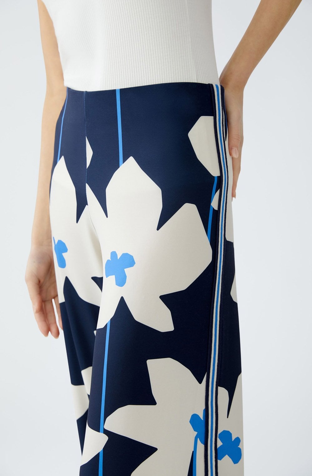 Dark Blue Floral Wide Leg Jersey Trousers