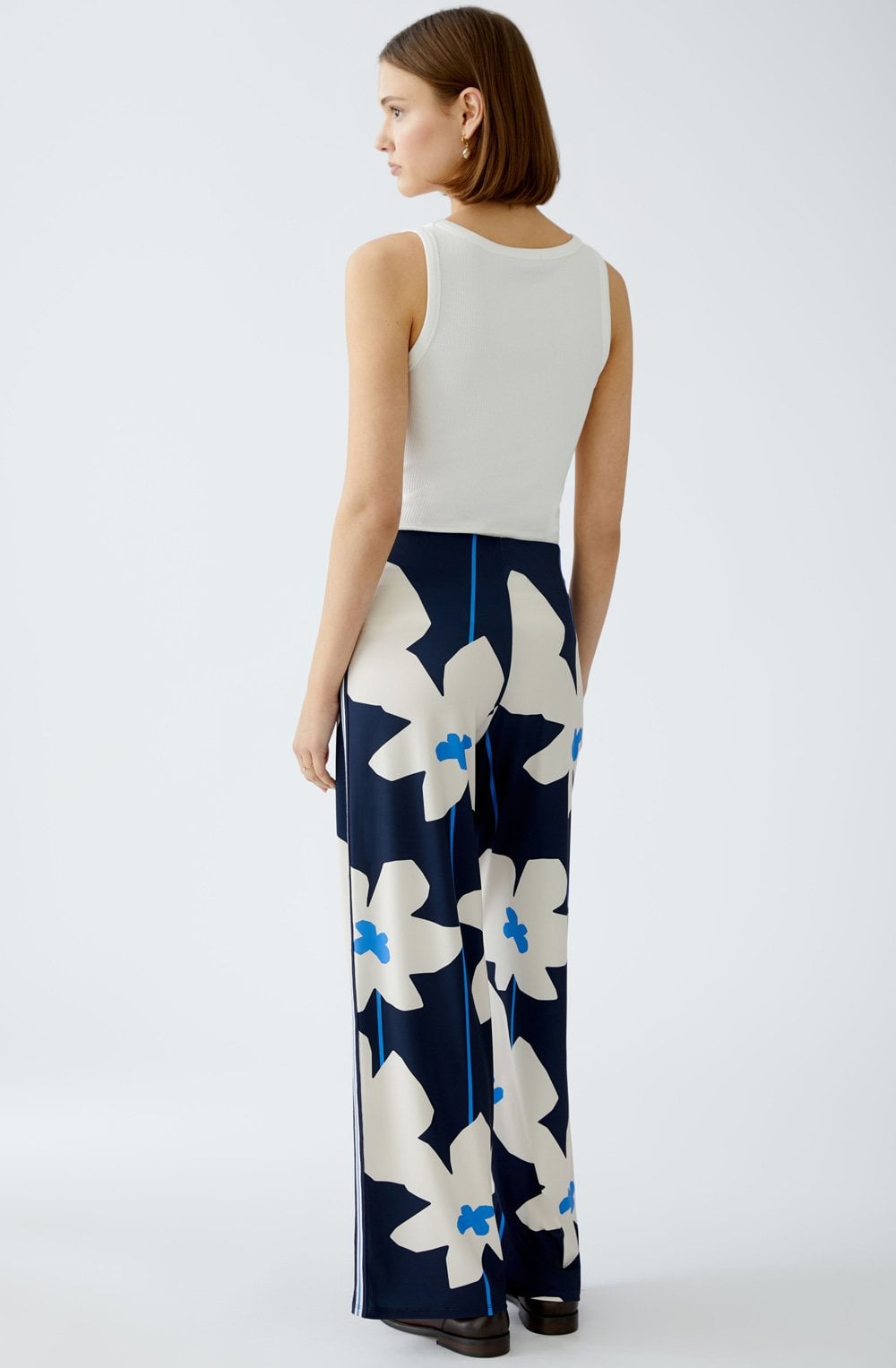 Dark Blue Floral Wide Leg Jersey Trousers
