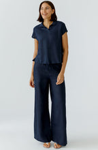 Dark Blue Linen Wide Leg Trousers