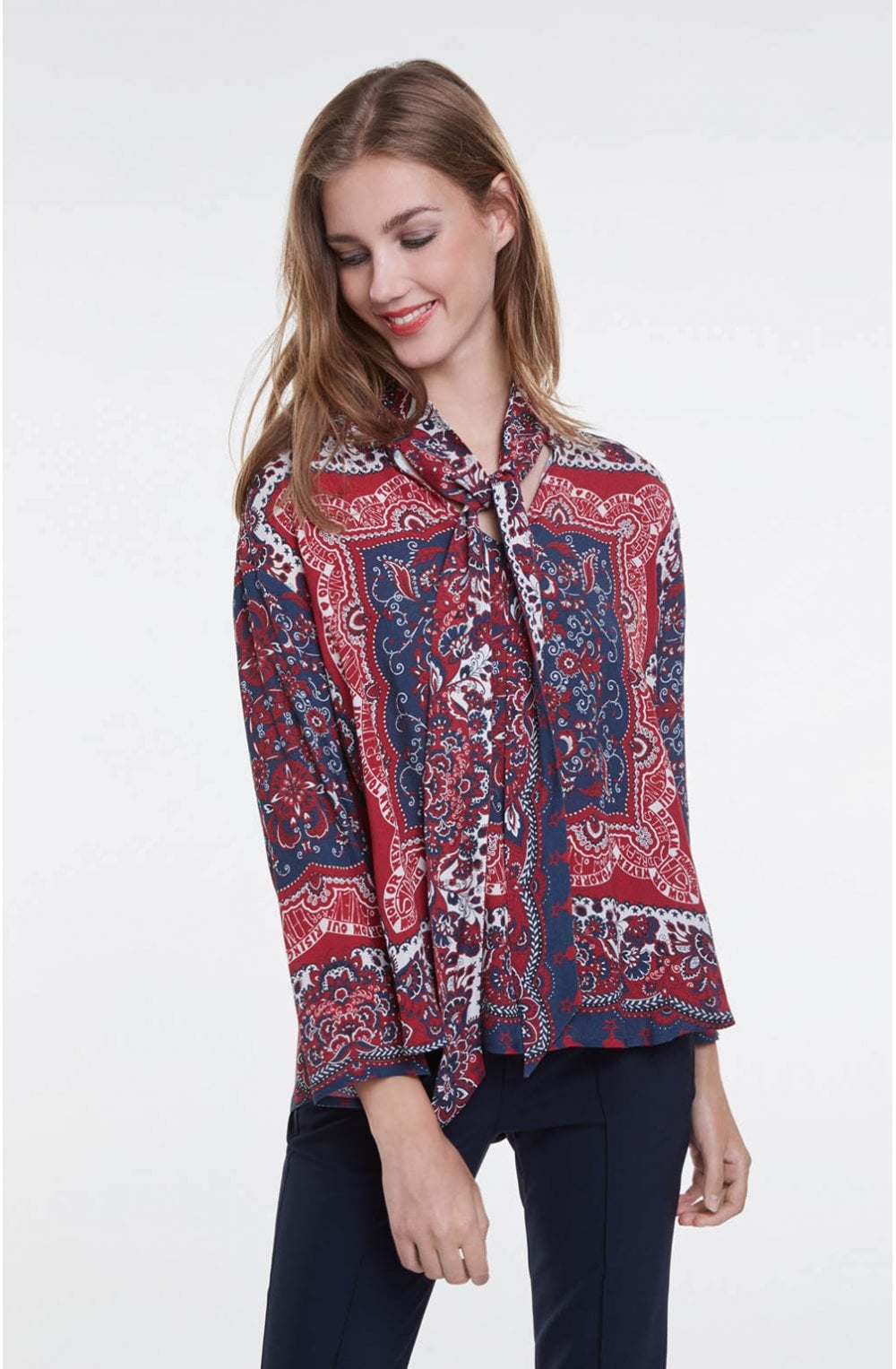 Dark Blue Red Patterned Blouse